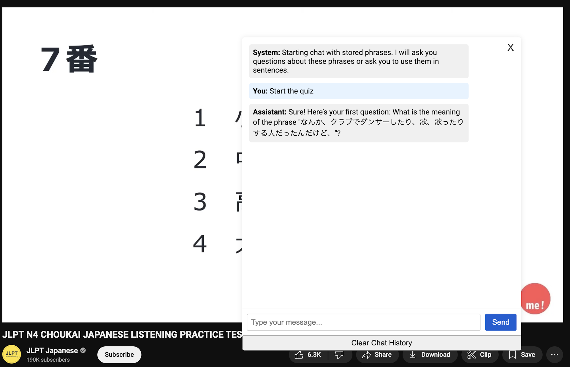 Screenshot of YouTube with the ChatWithYou.Tube extension on an N4 JLPT video