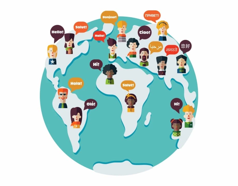 A cartoon image of the globe with people's avatars and phrases from their respective languages.